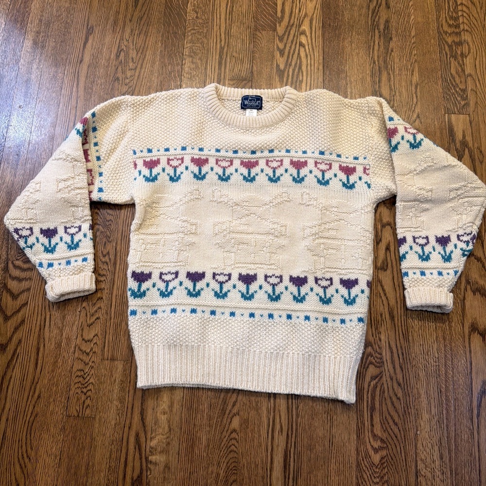 Vintage Woolrich Wool Tulips Sweater Ivory Floral Fisherman Cottagecore XL
